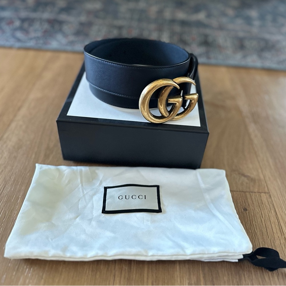 Gucci GG MARMONT WIDE BELT Black Leather Double G buckle Size: GUCCI 75 EEUC